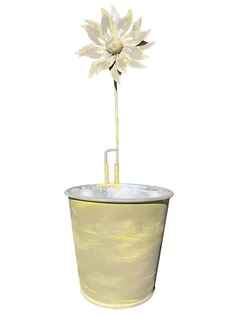 Blumentopf Metall-Eimer mit Windmühle – Pflanzgefäß in Gelb gewischt