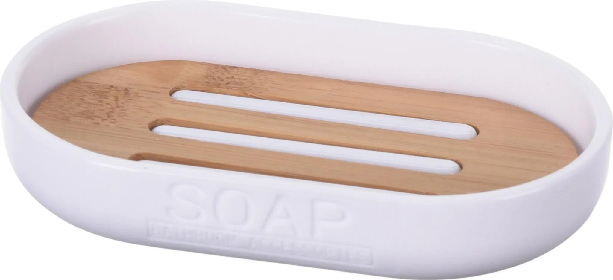 BATHROOM SOLUTIONS Seifenschale – Weiß mit Bambuseinsatz, modern & feuchtigkeitsresistent